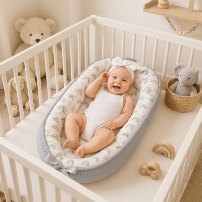une bébé fille heureuse avec le sourire qui est coucher dans un réducteur de lit dans un berceau blanc dans une chambre plein de toutou.