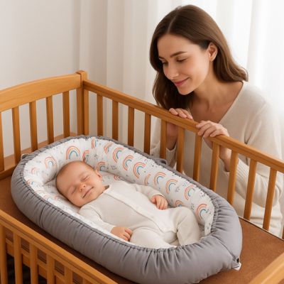 une maman heureuse qui regarde son bébé qui dors avec le sourire dans un réducteur de lit qui ce trouve dans un berceau en bois.