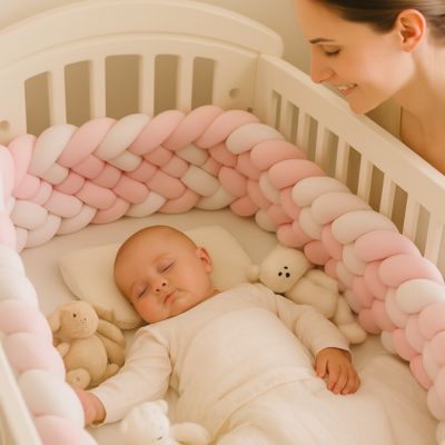 Tour de lit tressé : tresse douce rose, blanche et rose foncé dans berceau blanc à barreaux, ambiance sécurisante et élégante pour chambre bébé.
