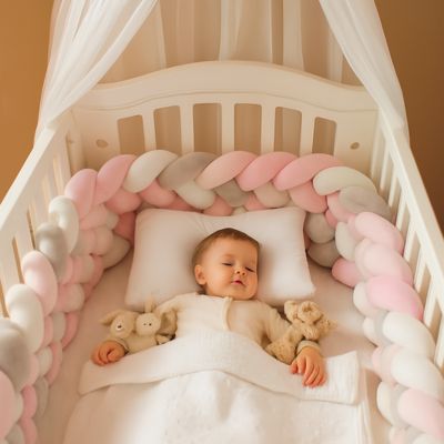 bĂ©bĂ© de 12 mois endormi dans berceau blanc, entourĂ© de peluches et dâun tour de lit tressĂ© rose et blanc, sous un ciel de lit dans une chambre chaleureuse.