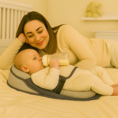 Bébé allongé dans un cocon pour bebe gris et bleu marine, buvant son biberon sur un lit aux cÎtés de sa maman dans une chambre douce et chaleureuse.
