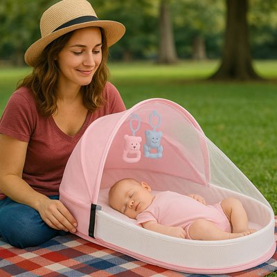 Maman assise dans un parc verdoyant regarde son bébé endormi dans un lit bebe de voyage rose avec moustiquaire et jouets suspendus, illustrant confort et praticité en extérieur.