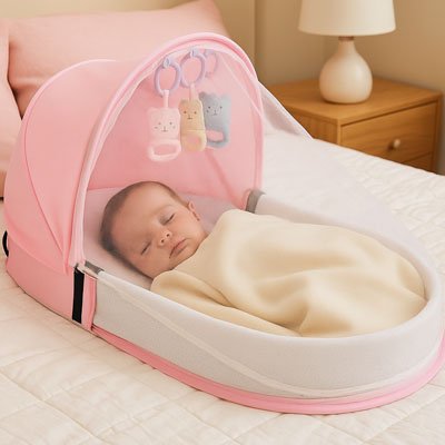 Bébé endormi dans un lit bebe de voyage rose et blanc avec moustiquaire et jouets suspendus, installé sur un lit dans une chambre paisible.