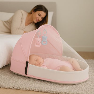 BĂ©bĂ© endormi dans un lit bebe de voyage rose et blanc avec jouets suspendus, placĂ© au sol prĂšs dâun lit, sous le regard tendre de sa maman dans une chambre calme.