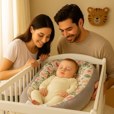 un bĂ©bĂ© qui dore paisiblement dans un nid pour bebe poser sur un berceau blanc entourer de ces parents le regarde avec le sourire dans une chambre avec une tĂȘte d'ourson accrocher au mur.