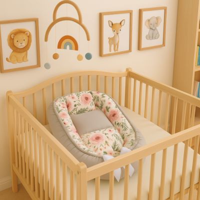 un nid pour bebe poser sur un berceau en bois naturel dans une chambre d'dnfant avec des tableau d'animaux avec un mobile bebe