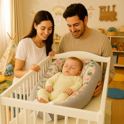 un bébé qui dore paisiblement dans un nid pour bebe poser sur un berceau blanc entourer de ces parents le regarde avec le sourire dans une chambre décoré plein de jouer