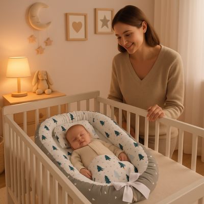 un bébé dors dans son réducteur de lit dans un berceau et sa maman a cote du berceau heureuse avec un sourire.