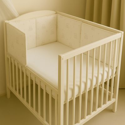 Tour de lit bébé crème installé dans un berceau lumineux, créant un espace doux et sécurisé pour le sommeil de bébé.