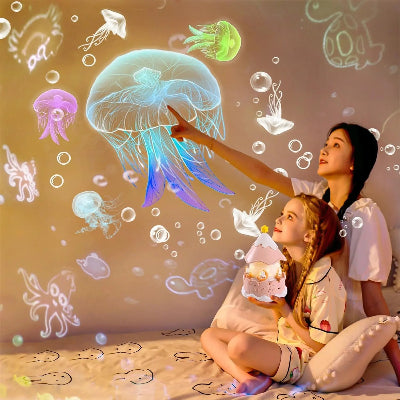 Veilleuse projection diffusant des mĂ©duses et poissons colorĂ©s au plafond, crĂ©ant une ambiance immersive et apaisante dans une chambre dâenfant.