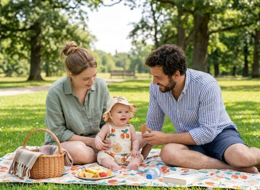 Barboteuse bébé fille sans manches a motif cerise pour été une bébé fille assise en pique-nique avec ces parents dans un parc