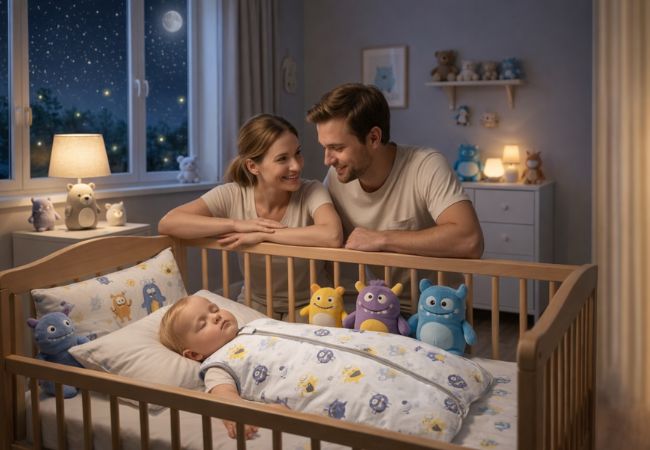 Sous la lueur protectrice de la lune, un couple admire avec émotion leur bébé blotti dans sa gigoteuse, s'endormant sereinement au cœur d'un berceau accueillant.