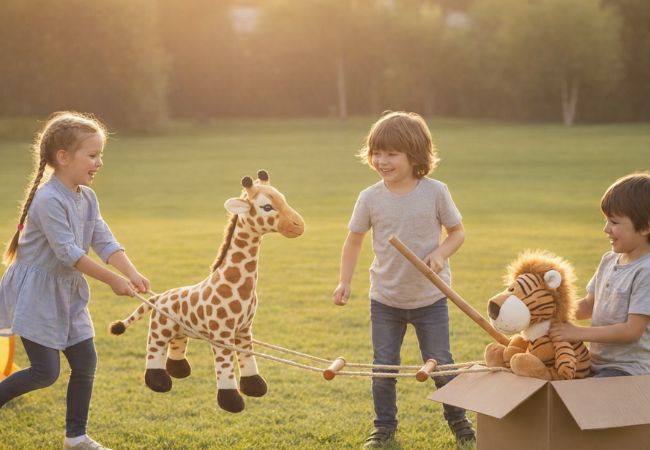 Trois enfants s'amusent joyeusement sur une pelouse au coucher du soleil avec une girafe en peluche et un lion dans un carton
