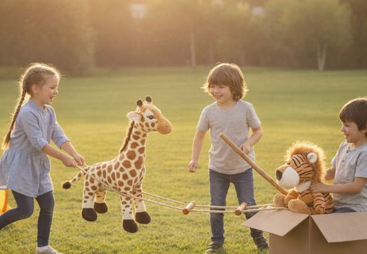 Trois enfants s'amusent joyeusement sur une pelouse au coucher du soleil avec une girafe en peluche et un lion dans un carton