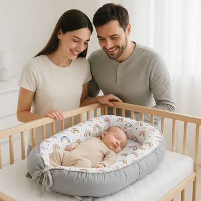 deux parents regardent avec le sourire leur bébé qui dore dans un Réducteur de lit qui ce trouve dans un berceau en bois