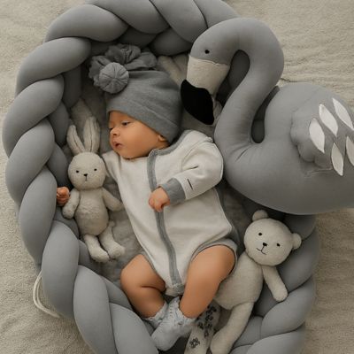 Reducteur de lit bebe : bébé endormi dans un cocon tressé gris, entouré de doudous doux sur une couverture texturée. Scène paisible et sécurisante.