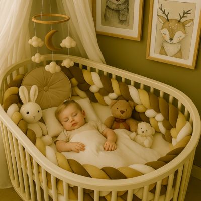 Tour de lit tressé caramel dans le berceau avec ciel de lit