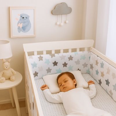 bébé endormi sur oreiller dans un berceau blanc, dans une chambre décorée avec douceur. Tour de lit étoilé gris, bleu et noir.