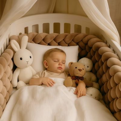 Tour de lit tressé : tresse douce brun dans un berceau blanc, bébé de 12 mois endormi sur oreiller et couverture, entouré de peluches sous ciel de lit dans une chambre chaleureuse.