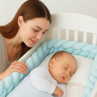 Tresse de lit bébé : bébé endormi sur oreiller dans un berceau blanc, entouré d’une tresse bleu ciel, maman penchée à l’extérieur du lit. Scène douce et sécurisante.