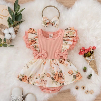 barboteuse bébé fille manches courtes fleurie rose en coton