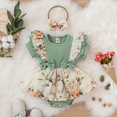 barboteuse bébé fille manches courtes fleurie vert