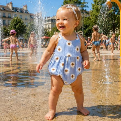 barboteuse bébé fille motif marguerite bleu respirante