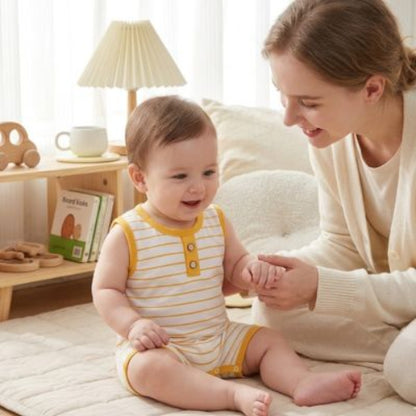 barboteuse bébé garçon sans manches rayée jaune en coton