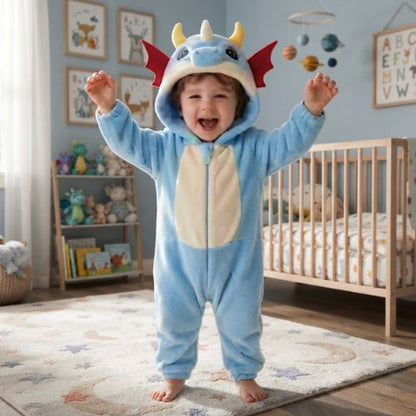 barboteuse bébé genouillère dragon bleu a capuchon