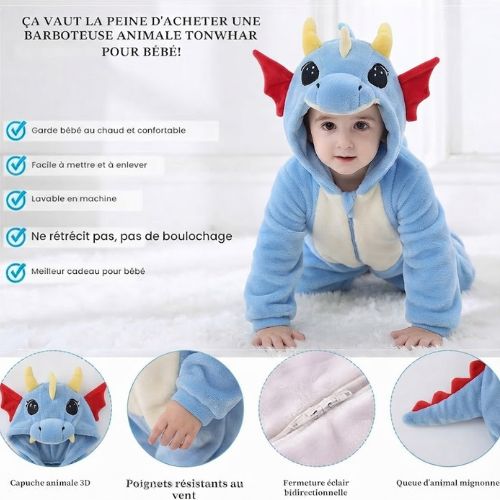 barboteuse bébé genouillère dragon bleu en flanelle