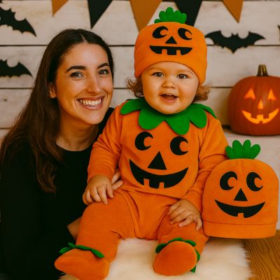 Bébé de 24 mois en barboteuse citrouille assis avec sa maman souriante, dans un décor Halloween festif et chaleureux.