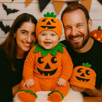 Bébé en barboteuse citrouille entouré de ses parents souriants, dans un décor Halloween rustique avec guirlandes et citrouilles sculptées.