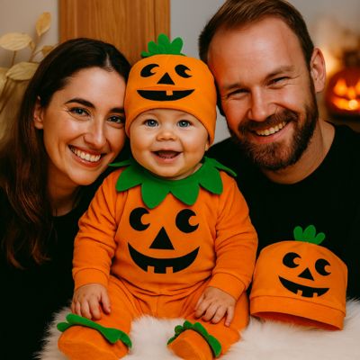 Bébé en barboteuse citrouille entouré de ses parents souriants, dans un décor chaleureux d’Halloween.