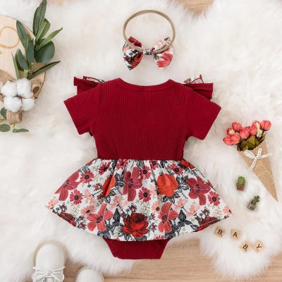 body bébé fille manches courtes fleurie rouge bandeau arrière