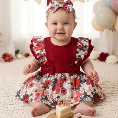 body bébé fille manches courtes fleurie rouge