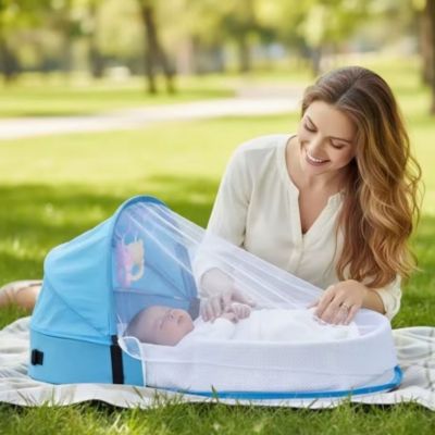 lit bebe de voyage bleu en coton