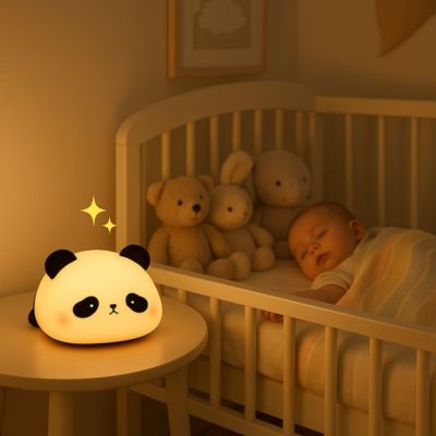 veilleuse panda illuminé sur une table de nuit a cote d'un berceau avec un bébé qui dors a cote des toutou 