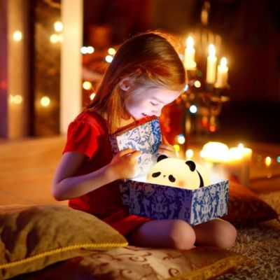 une fille heureuse sourit qui porte une boite sur ces genoux de dans il y a une veilleuse panda illuminé reçu comme cadeau