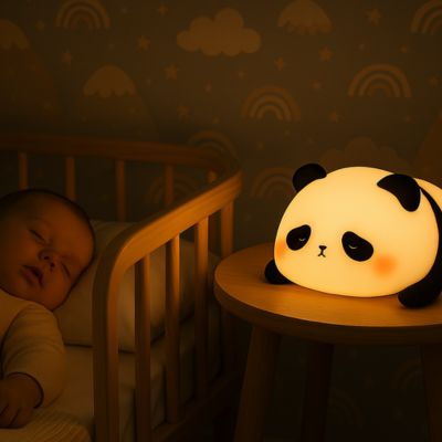 veilleuse panda illuminé sur une table de nuit a cote d'un berceau avec un bébé qui dors
