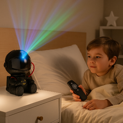 veilleuse projection astronaute noir sur une table de nuit a cote d'un lit avec un enfant avec une commande dans une chambre