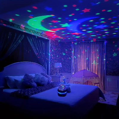 une veilleuse projection bebe sur un lit illumine le plafond de la chambre des étoile coloré