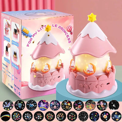 Veilleuse projection en forme de château rose avec figurines rotatives, projetant des scènes étoilées et marines pour une ambiance féerique dans la chambre d’enfant.